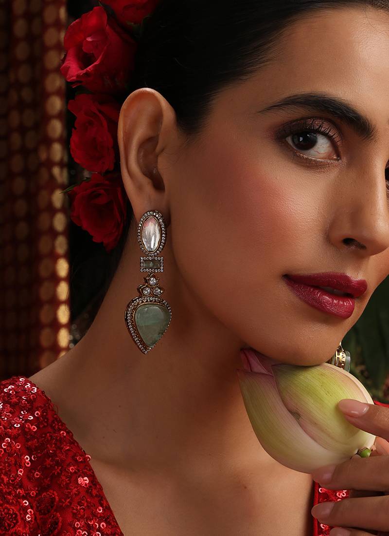 Gold plated kundan Turquoise stones danglers earrings