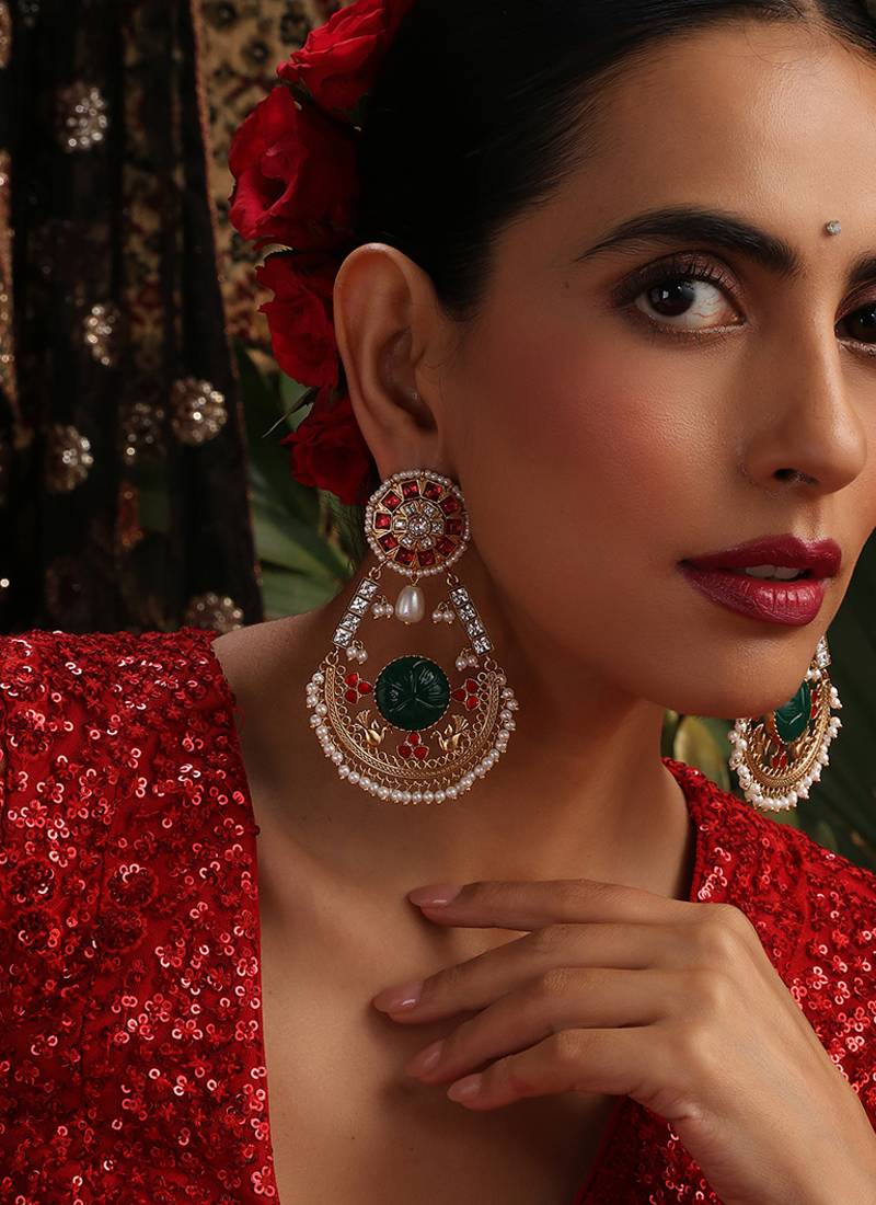 Gold plated kundan multicolor stones chandbali earrings