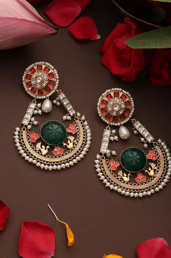 Gold plated kundan multicolor stones chandbali earrings