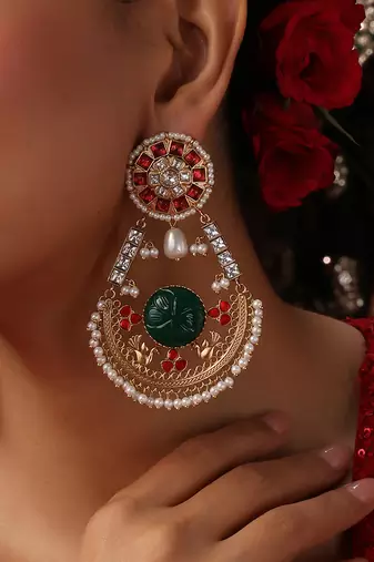 Gold plated kundan multicolor stones chandbali earrings