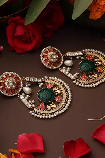 Gold plated kundan multicolor stones chandbali earrings