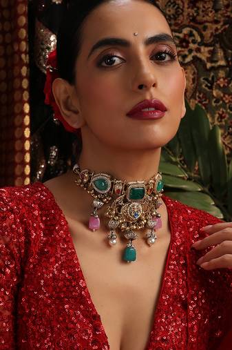 Gold plated kundan multicolor stones choker necklace