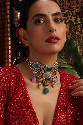 Gold plated kundan multicolor stones choker necklace