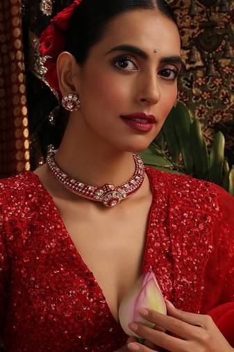 Rose gold plated red stones necklace set