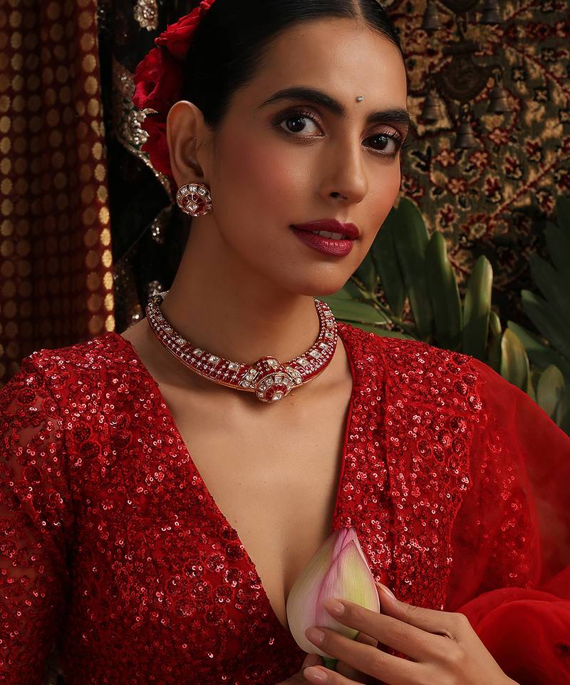 Rose gold plated red stones necklace set