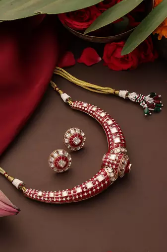 Rose gold plated red stones necklace set