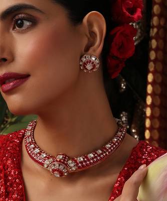 Rose gold plated red stones necklace set 3