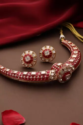 Rose gold plated red stones necklace set