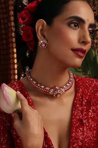 Rose gold plated red stones necklace set