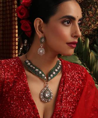 Gold plated kundan green stones necklace set 1