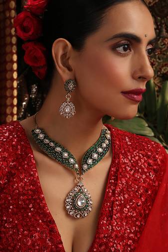 Gold plated kundan green stones necklace set