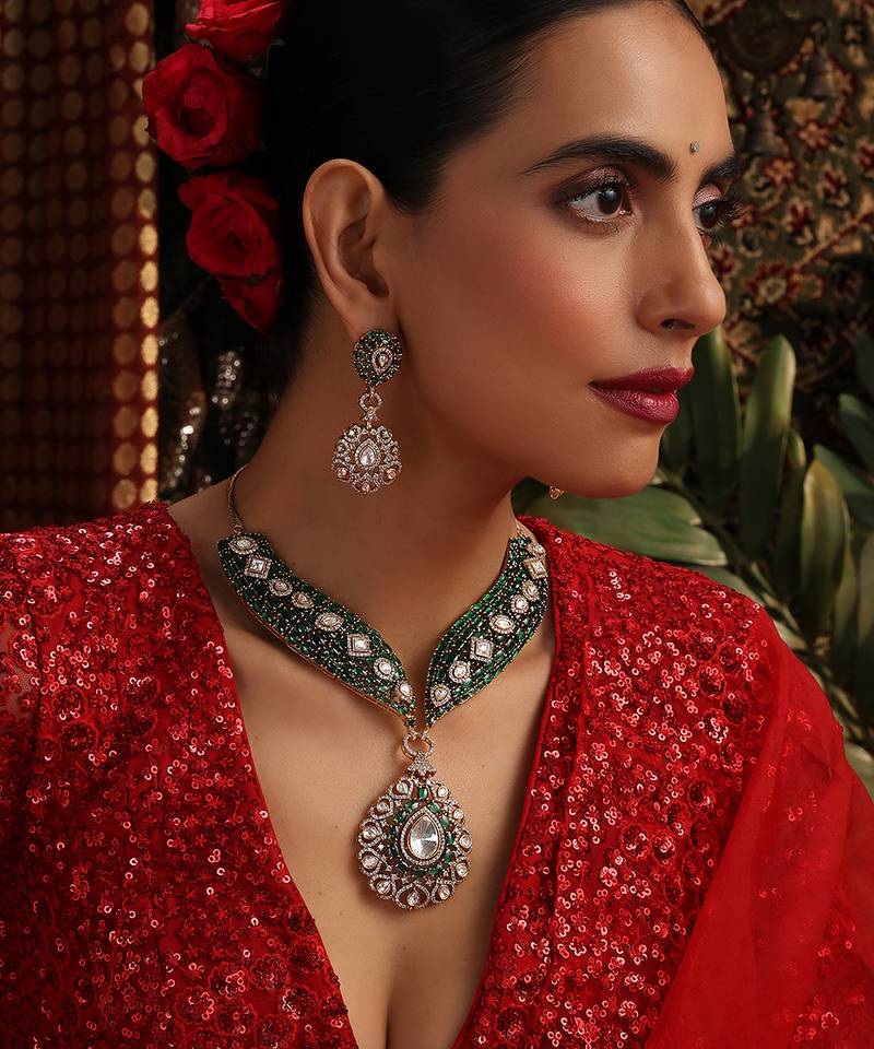 Gold plated kundan green stones necklace set