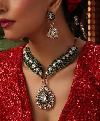 Gold plated kundan green stones necklace set 3
