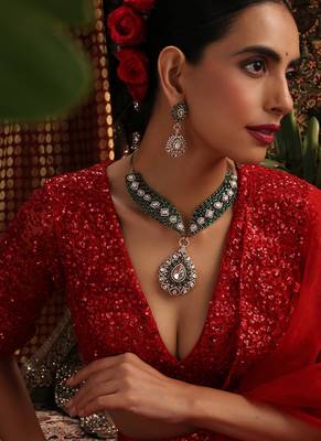 Gold plated kundan green stones necklace set 5