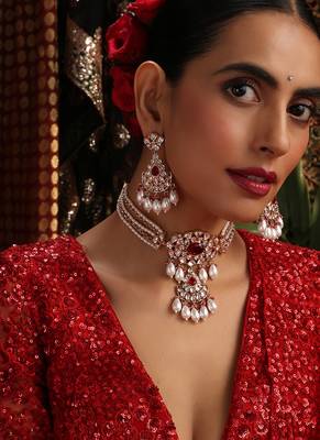 Rose gold plated kundan red stones choker necklace set 1