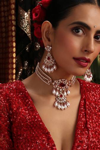 Rose gold plated kundan red stones choker necklace set