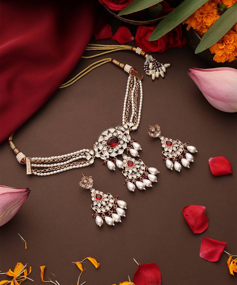 Rose gold plated kundan red stones choker necklace set