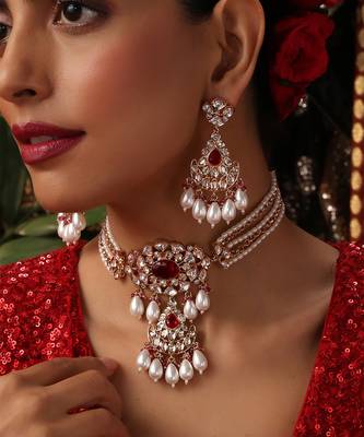 Rose gold plated kundan red stones choker necklace set 3