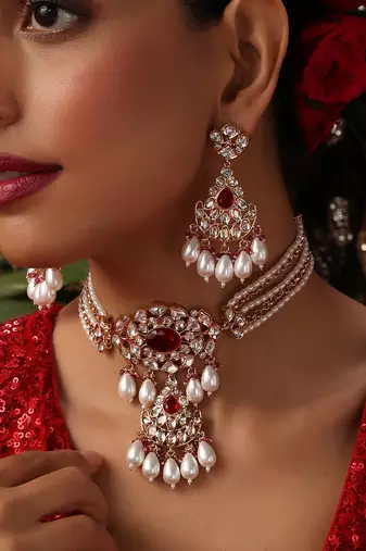 Rose gold plated kundan red stones choker necklace set