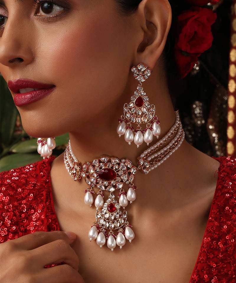 Rose gold plated kundan red stones choker necklace set