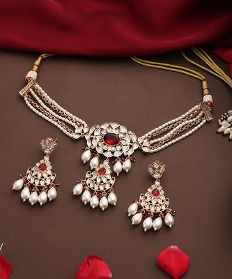 Rose gold plated kundan red stones choker necklace set 4