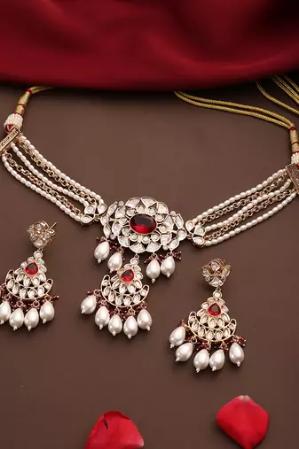 Rose gold plated kundan red stones choker necklace set