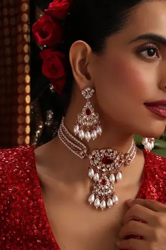 Rose gold plated kundan red stones choker necklace set