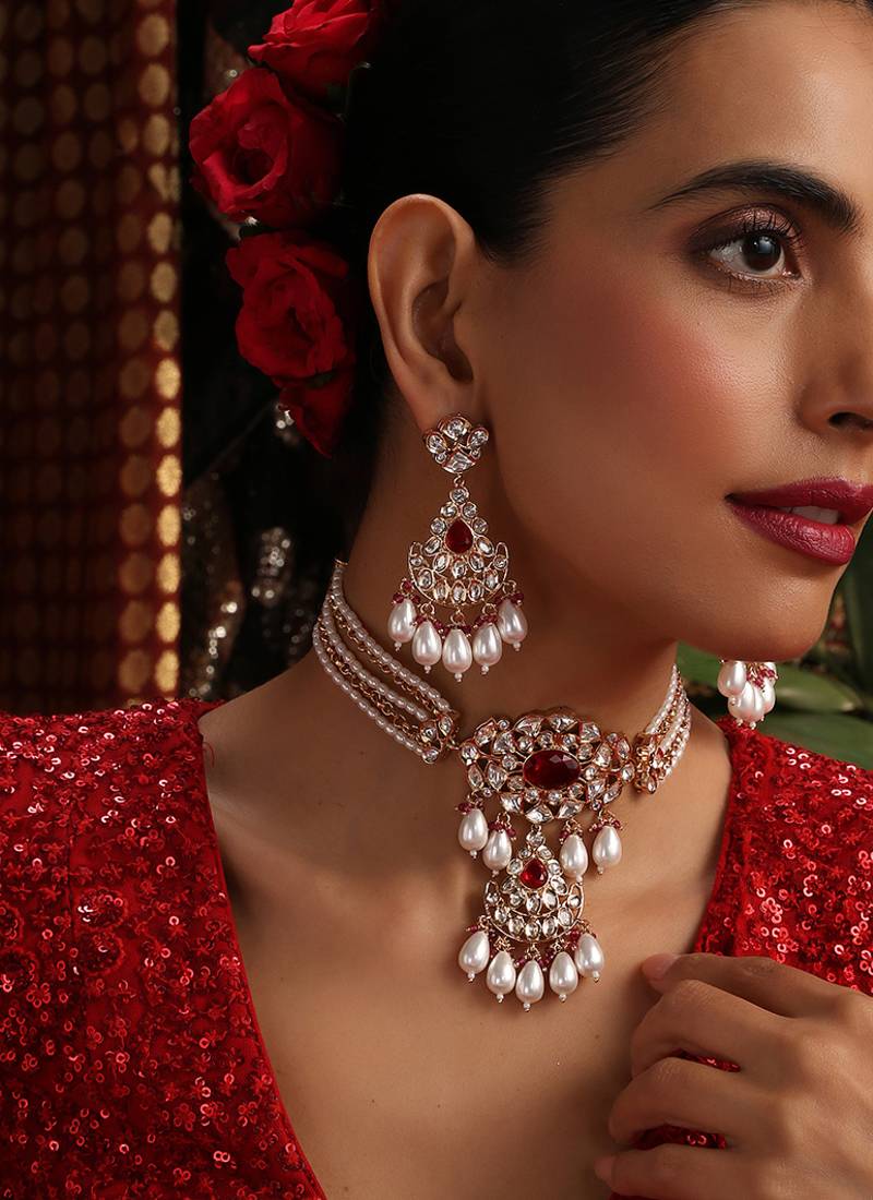 Rose gold plated kundan red stones choker necklace set