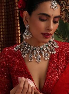 Gold plated kundan green stones necklace set 1