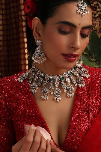 Gold plated kundan green stones necklace set