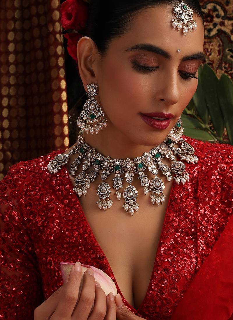 Gold plated kundan green stones necklace set