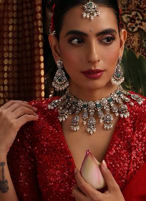 Gold plated kundan green stones necklace set 5
