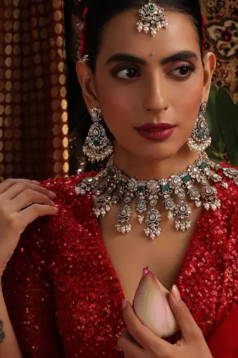Gold plated kundan green stones necklace set