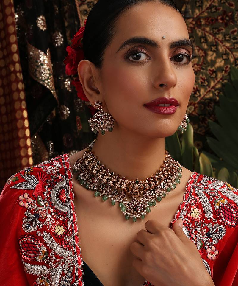 Gold plated multicolor stone Temple necklace set