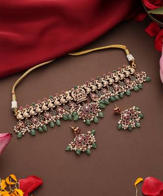 Gold plated multicolor stone Temple necklace set 2