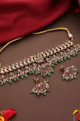 Gold plated multicolor stone Temple necklace set