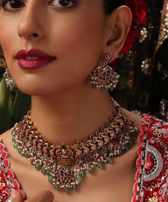 Gold plated multicolor stone Temple necklace set 3