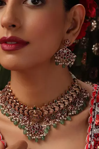 Gold plated multicolor stone Temple necklace set