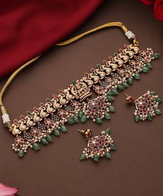 Gold plated multicolor stone Temple necklace set 4