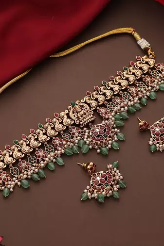Gold plated multicolor stone Temple necklace set
