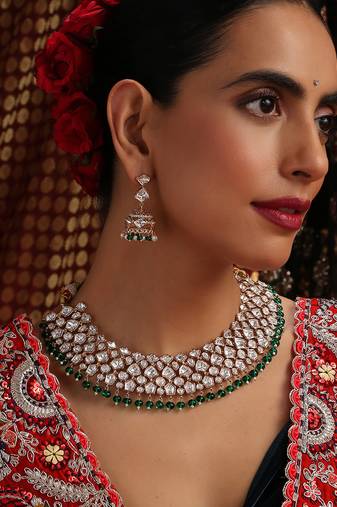 Gold plated kundan green stone necklace set