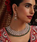 Gold plated kundan green stone necklace set