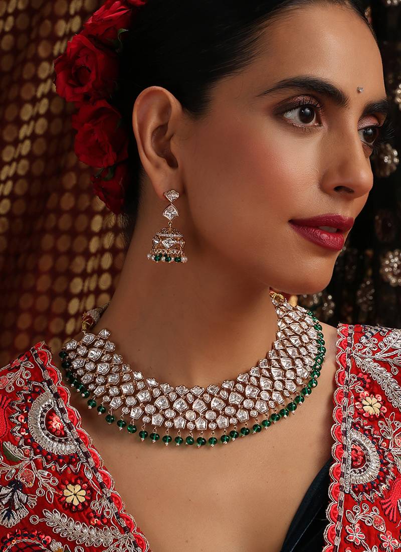 Gold plated kundan green stone necklace set