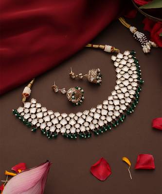 Gold plated kundan green stone necklace set 2