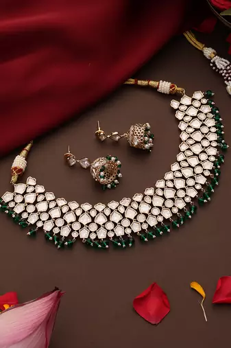 Gold plated kundan green stone necklace set