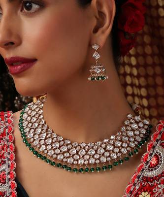 Gold plated kundan green stone necklace set 3