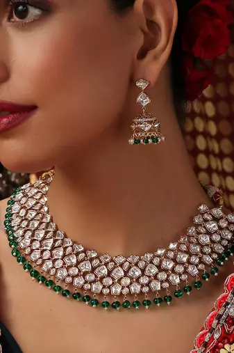 Gold plated kundan green stone necklace set