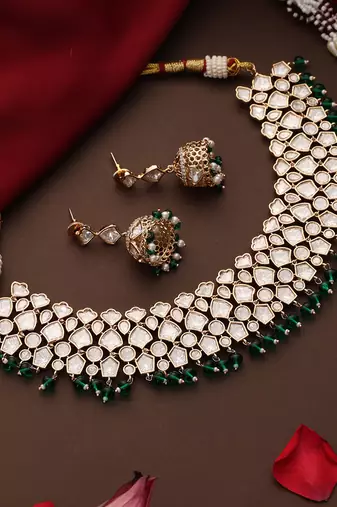 Gold plated kundan green stone necklace set