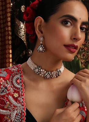 gold plated kundan green stones choker necklace set 1