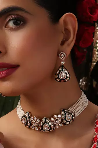 gold plated kundan green stones choker necklace set